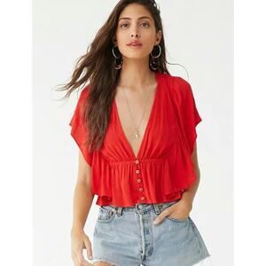 Forever 21 Ruffle Plunging Open Tie Back Cropped Top Size XS Red Boho Baddie